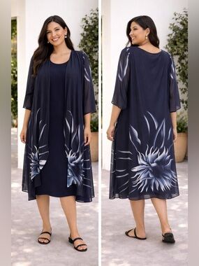 Navy Dress with Floral Design attached jacket over stretchy sheath Plus Size